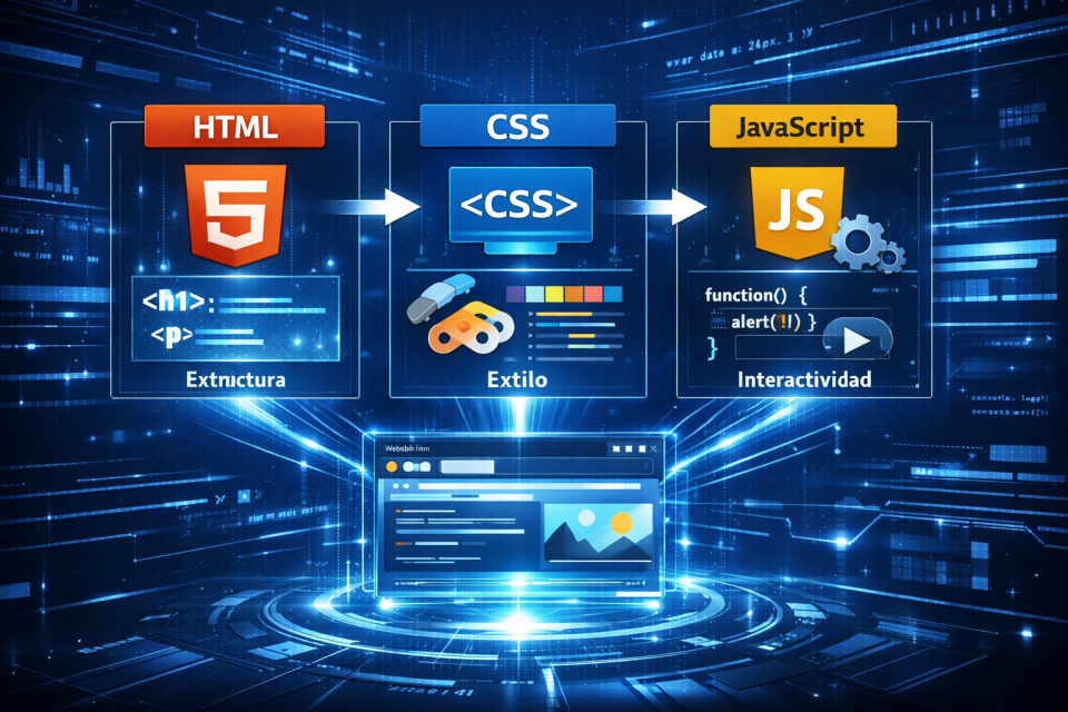 Representación digital de HTML, CSS y JavaScript conectados