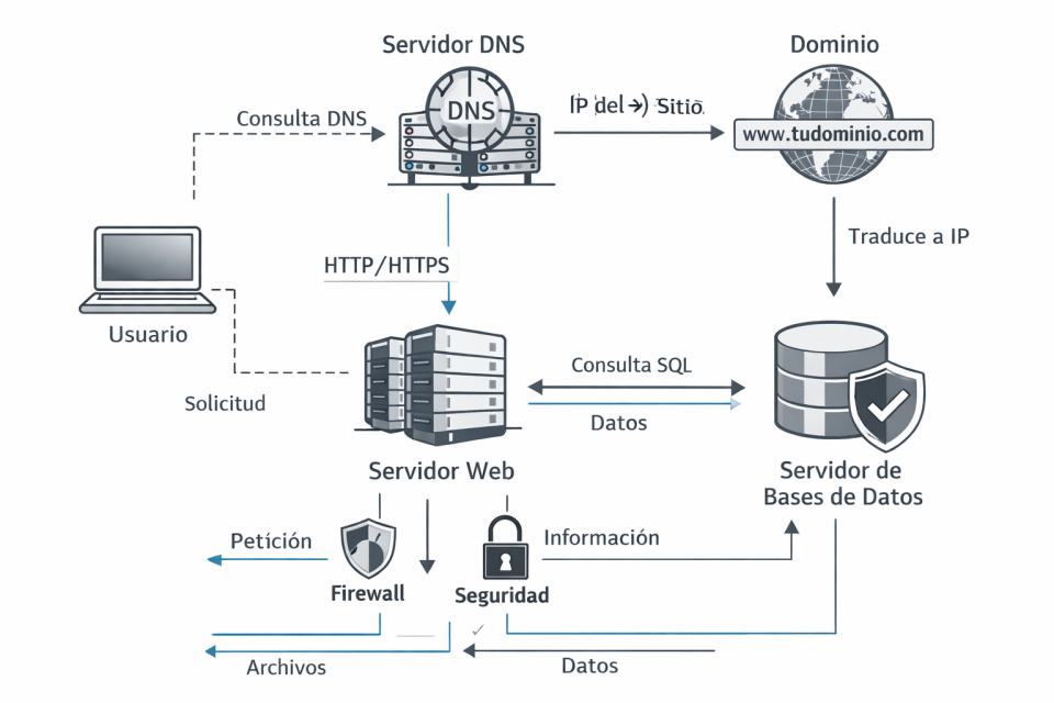 Esquema de funcionamiento de un hosting: DNS, servidor web y base de datos