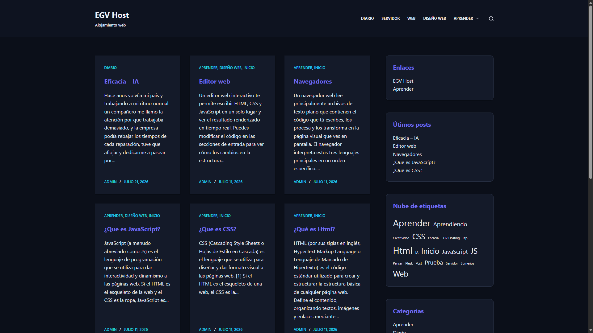 Portada del blog de EGV con artículos sobre servidor, diseño web y aprendizaje